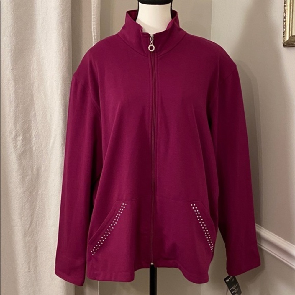 Allison Daley NWT Cranberry Red Mock Neck Zip Jacket with Rhinestone Details XL